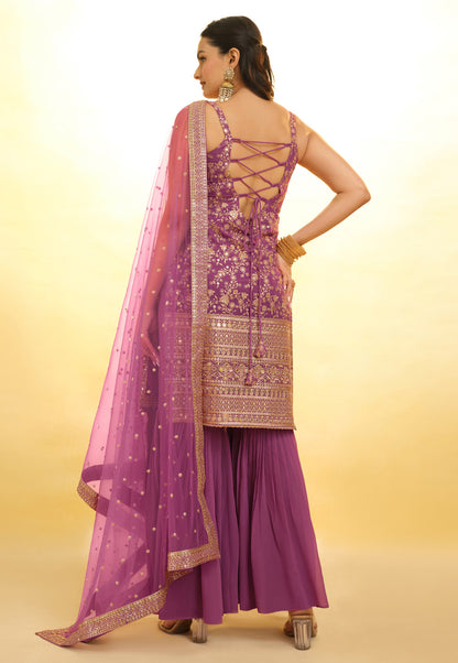 Purple Georgette Sharara Suit With Thread and Embroidery Work