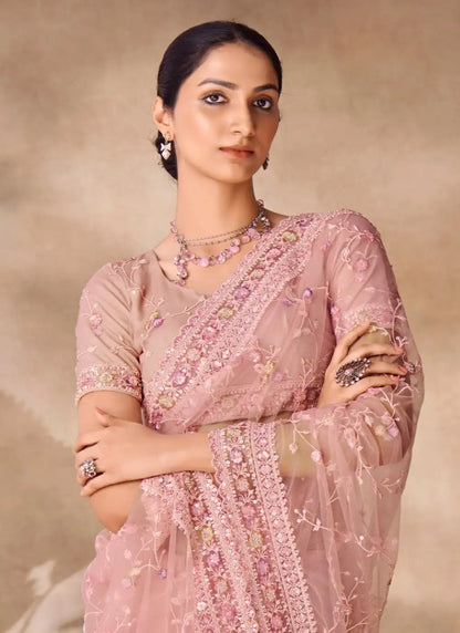 Pink Net Party Wear Saree With Sequins, Thread and Zari Work