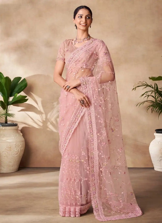 Pink Net Party Wear Saree With Sequins, Thread and Zari Work