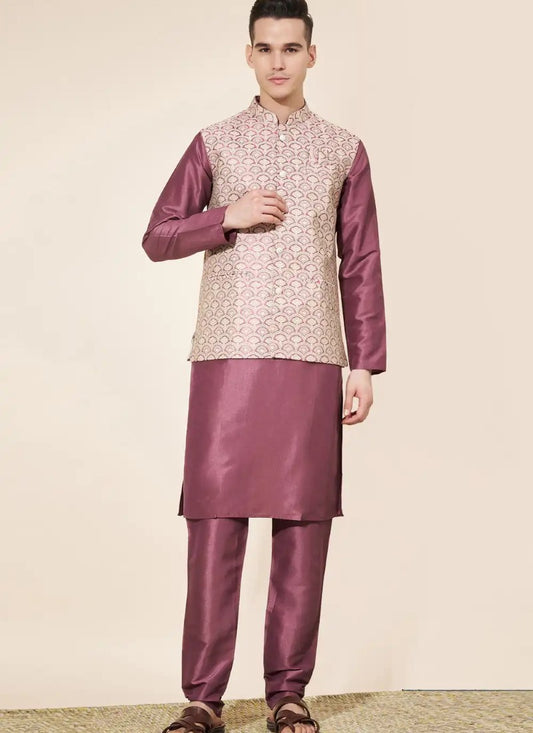 Purple Silk Kurta Pajama With Koti