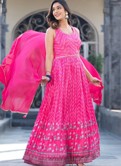 Pink Silk Anarkali Gown With Embroidery and Mirror Work