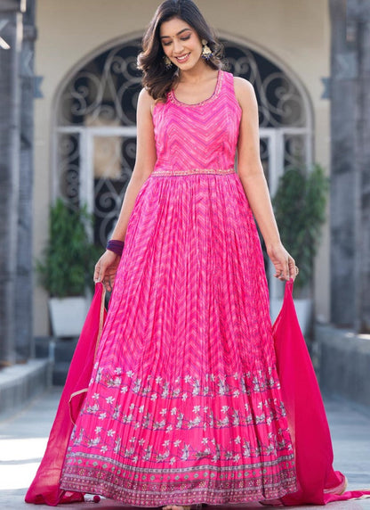 Pink Silk Anarkali Gown With Embroidery and Mirror Work