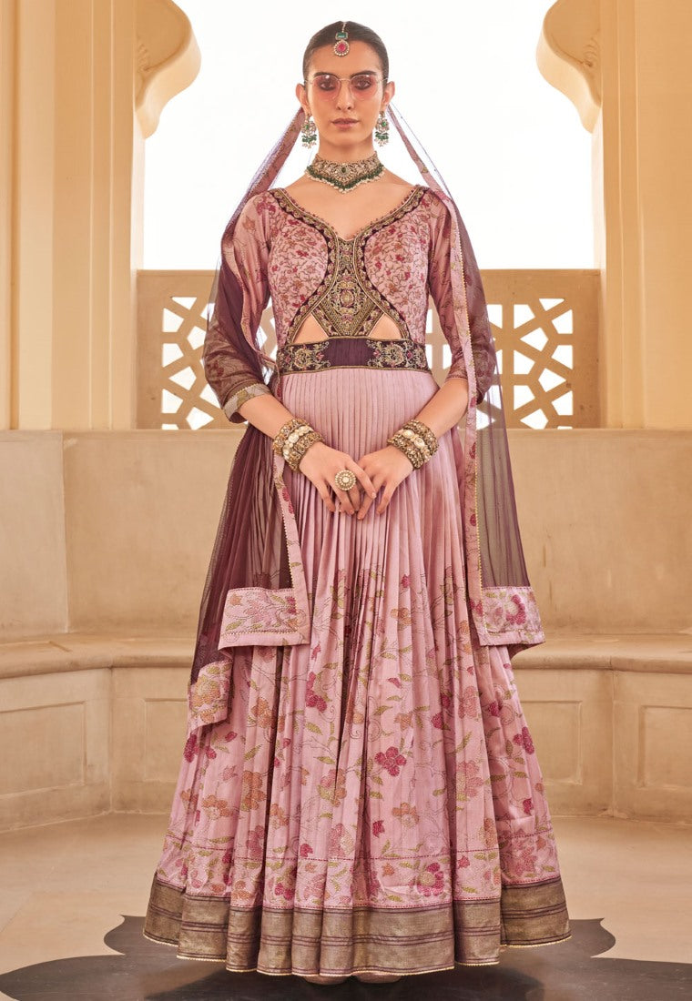 Pink Silk Bridal Indo Western Anarkali Gown With Patola Print