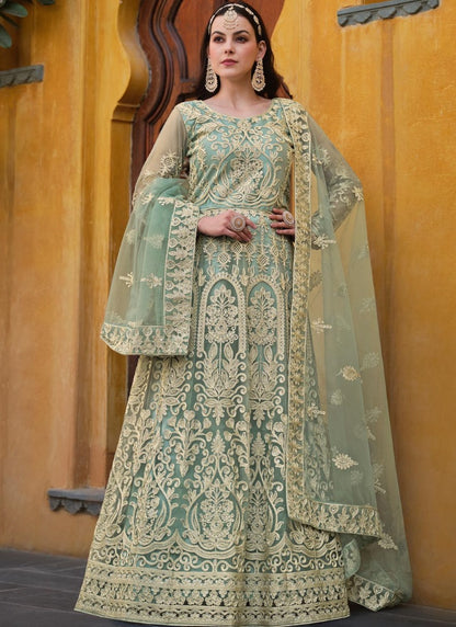 Pista Green Net Long Anarkali Suit With Embroidery Work