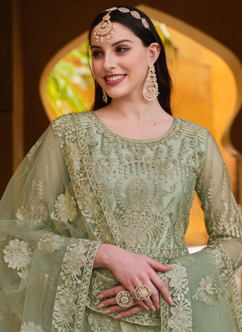 Pista Green Net Long Anarkali Suit With Embroidery Work