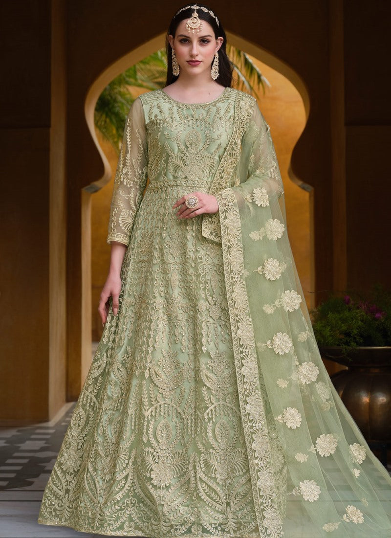 Pista Green Net Long Anarkali Suit With Embroidery Work