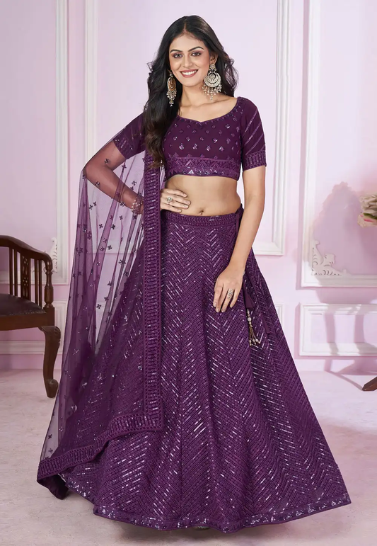 Purple Designer Lehenga Choli With Embroidery, Zari Work and Sequins Work