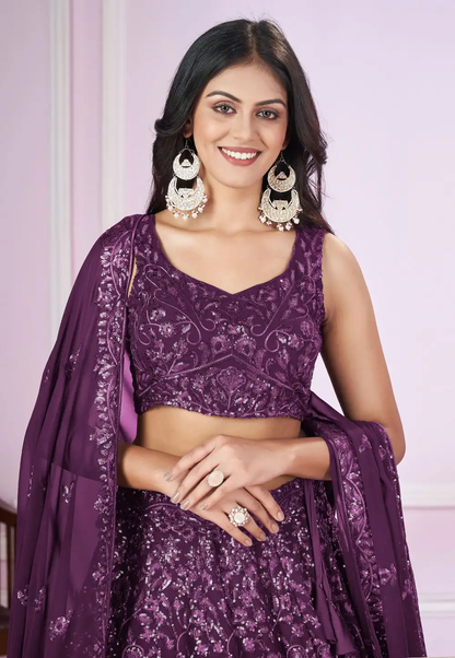 Purple Designer Lehenga Choli With Embroidery, Zari Work and Sequins Work