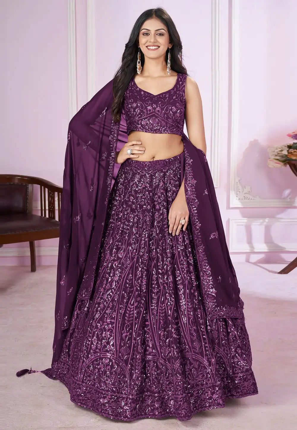 Purple Designer Lehenga Choli With Embroidery, Zari Work and Sequins Work