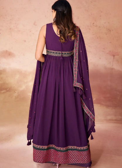 Wine Georgette Anarkali Suit With Embroidery Work