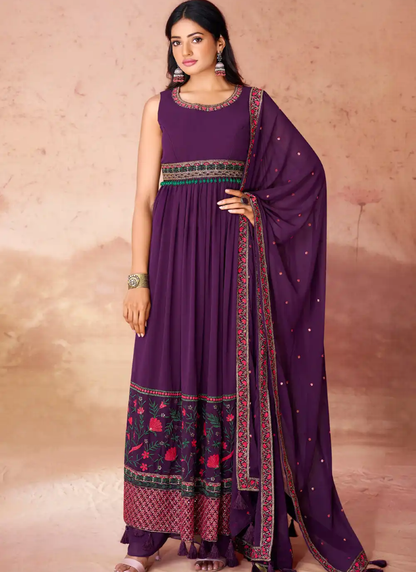 Wine Georgette Anarkali Suit With Embroidery Work