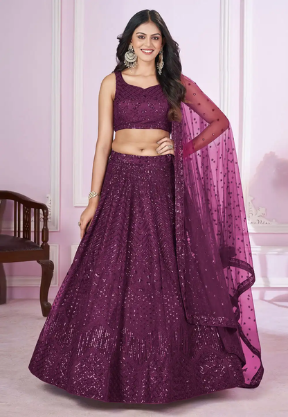 Purple Designer Lehenga Choli With Embroidery, Zari Work and Sequins Work