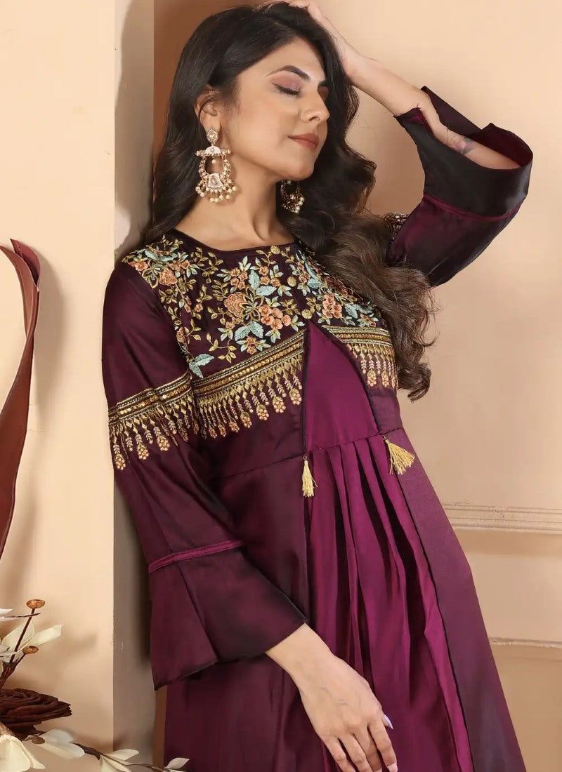 Wine Silk Indo-Western Gown With Embroidery Work