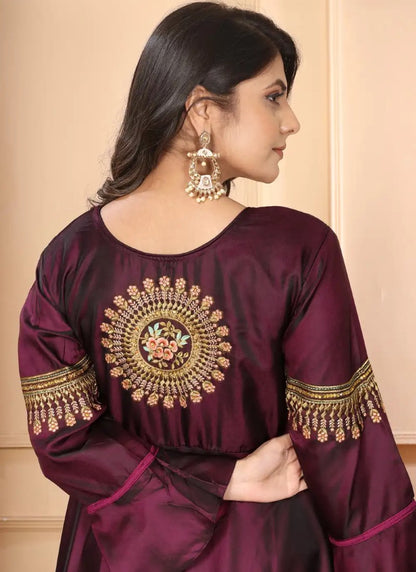 Wine Silk Indo-Western Gown With Embroidery Work