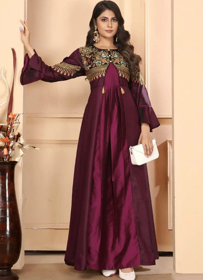 Wine Silk Indo-Western Gown With Embroidery Work