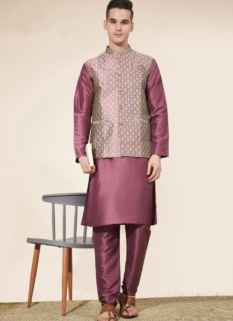 Purple Silk Kurta Pajama With Koti