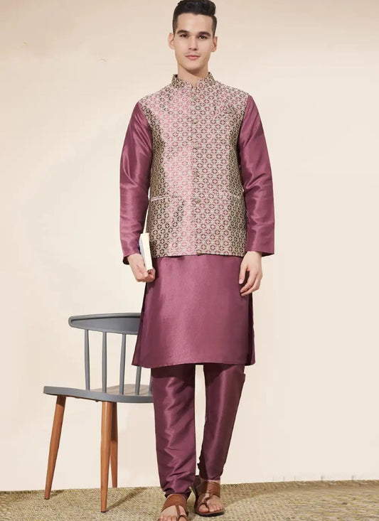 Purple Silk Kurta Pajama With Koti