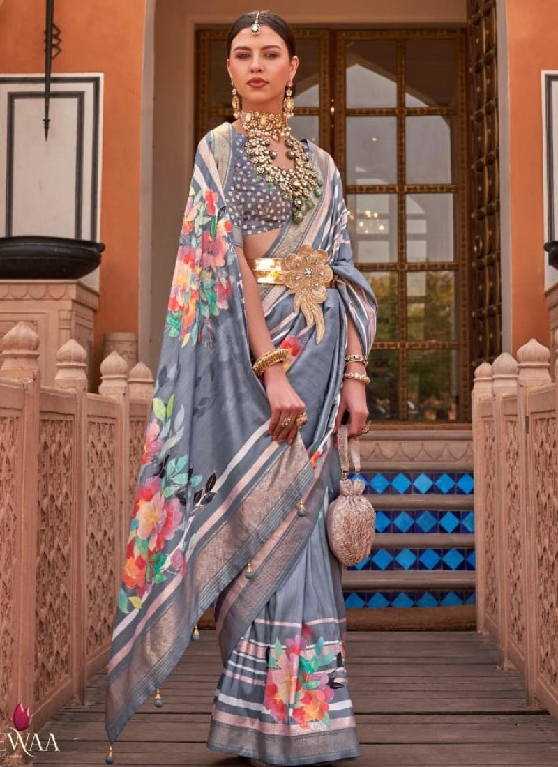 Light Blue Silk Digital Printed Saree