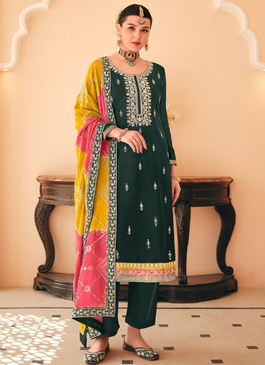 Green Palazzo Salwar Suit With Heavy Embroidery Work
