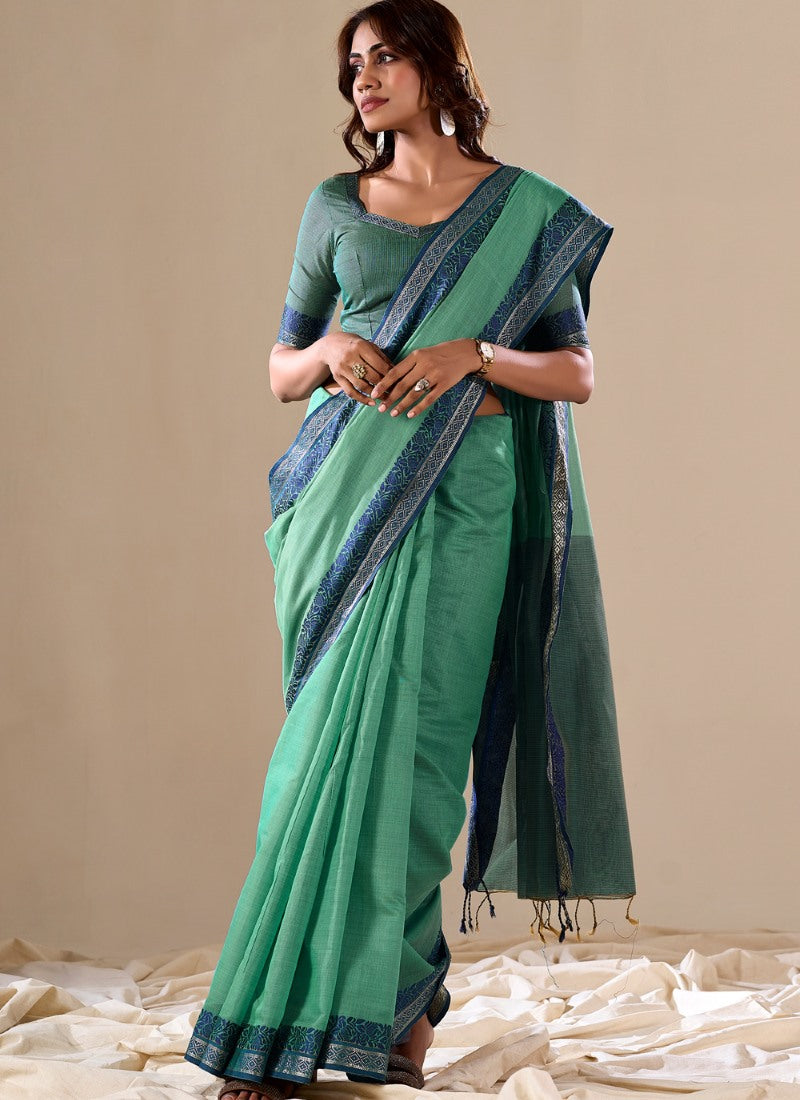 Green Handloom Cotton Saree With Contrast Border