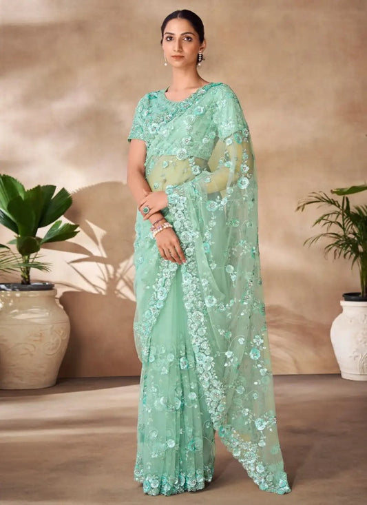 Sea Green Net Party Wear Saree With Sequins, Thread and Zari Work