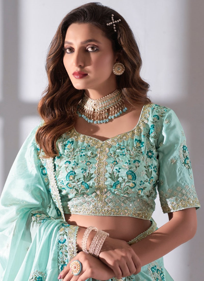 Sky Blue Organza Lehenga Choli With Sequin and Embroidery Work