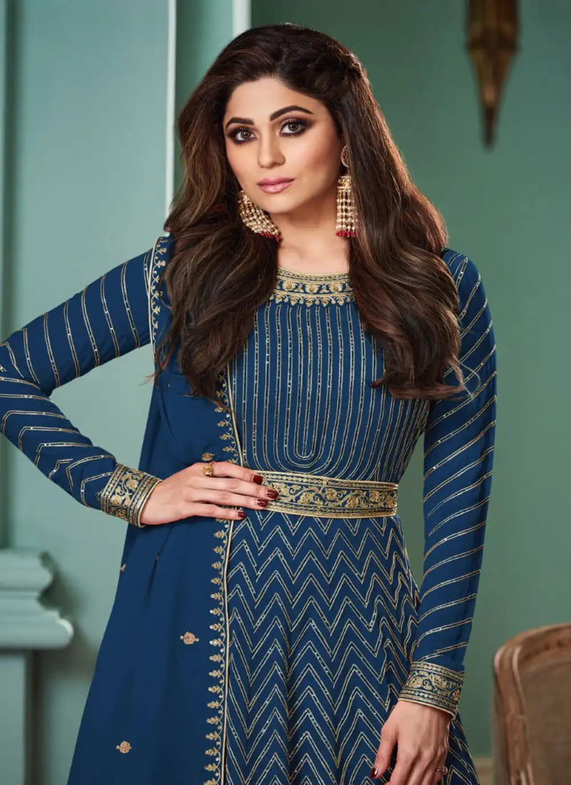 Blue Georgette Anarkali Suit with Embroidered Work