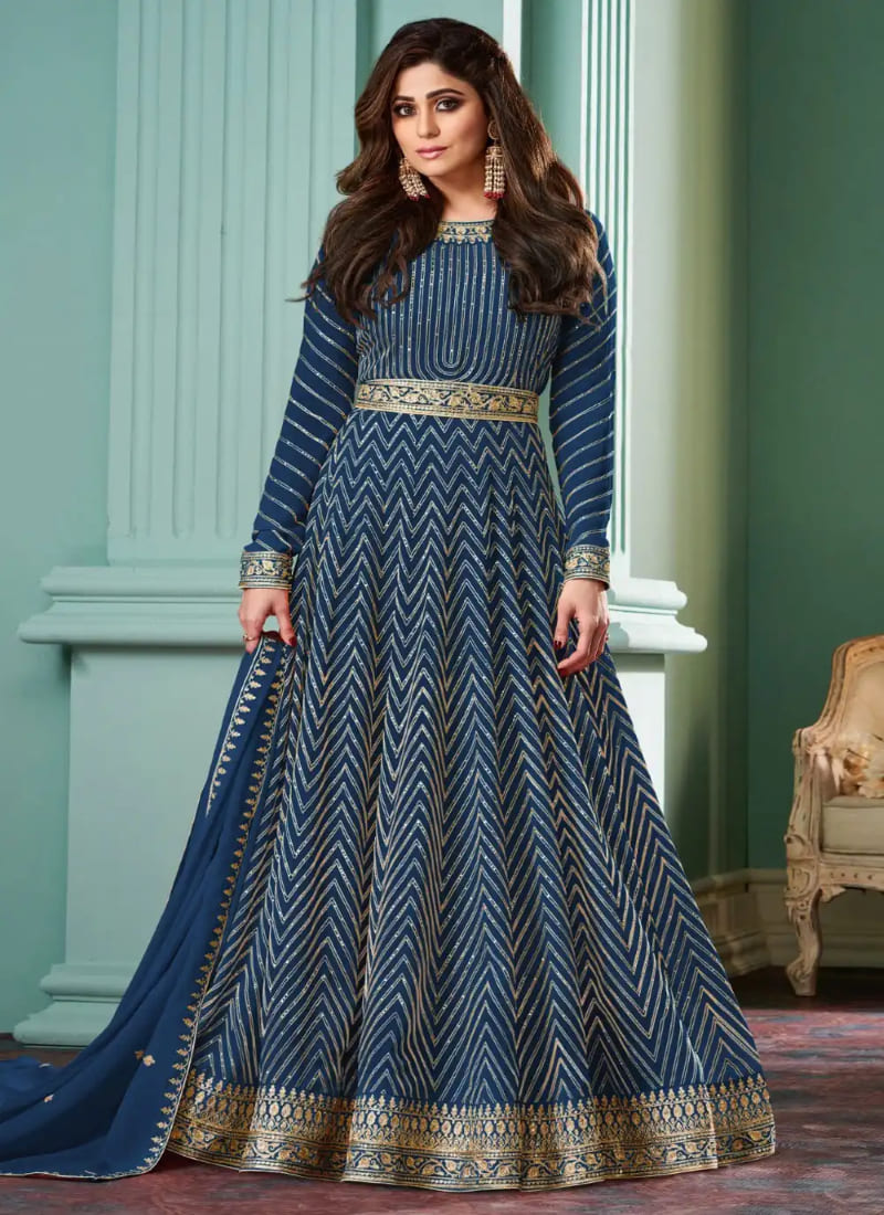 Blue Georgette Anarkali Suit with Embroidered Work