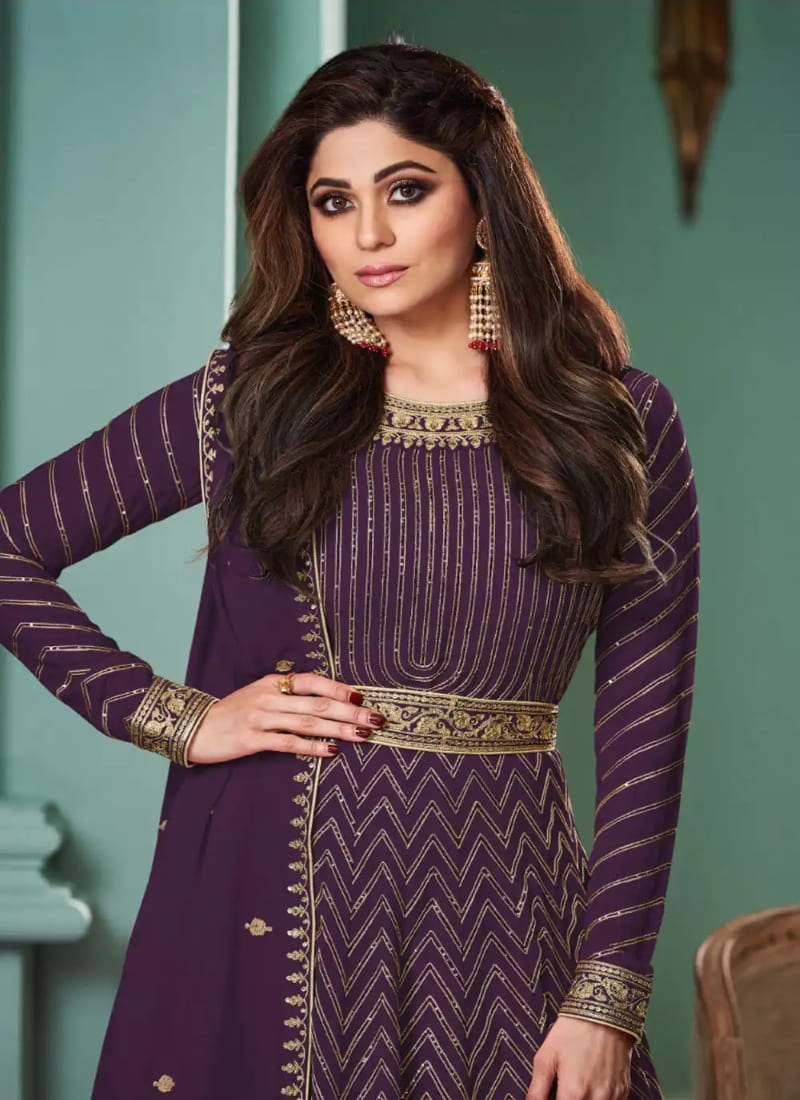 Purple Georgette Anarkali Suit with Embroidered Work