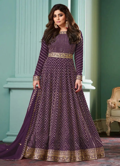 Purple Georgette Anarkali Suit with Embroidered Work