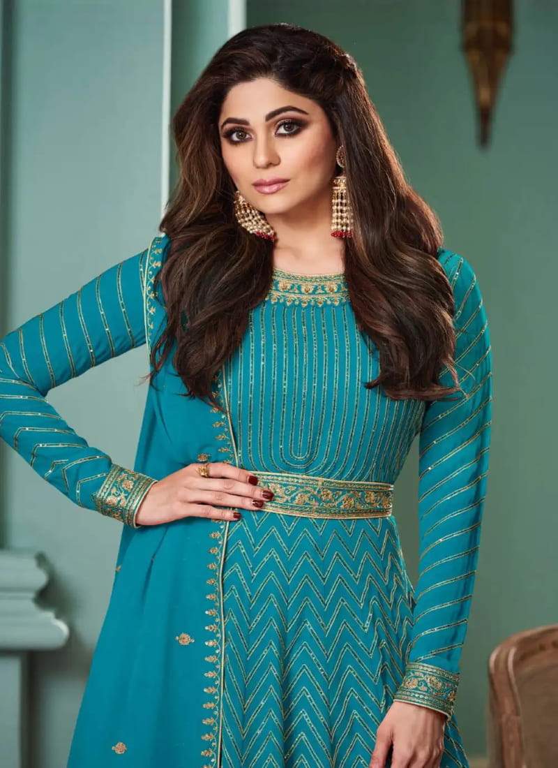 Aqua Blue Georgette Anarkali Suit with Embroidered Work