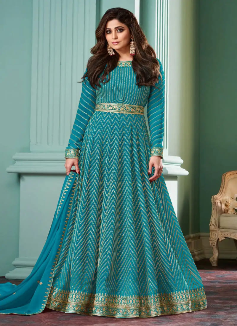 Aqua Blue Georgette Anarkali Suit with Embroidered Work