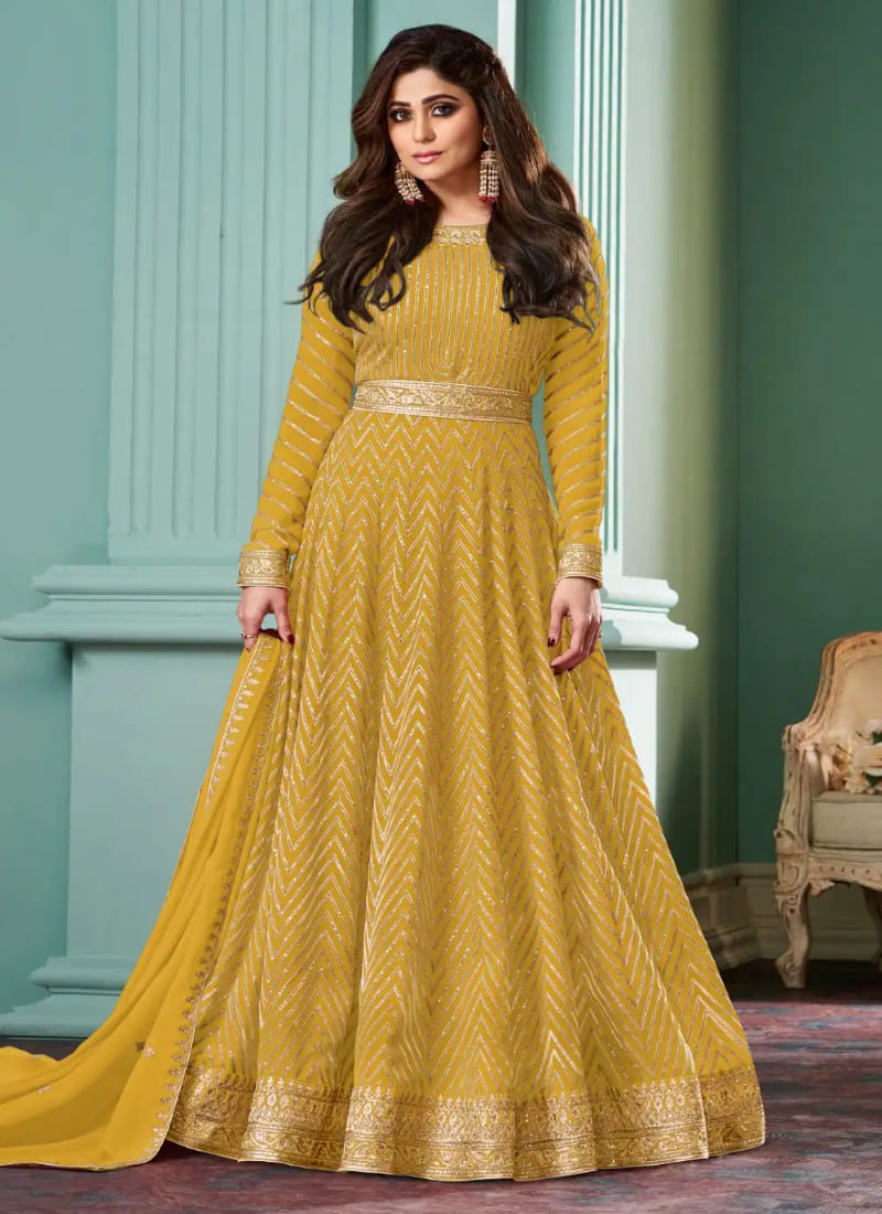 Yellow Georgette Anarkali Suit with Embroidered Work