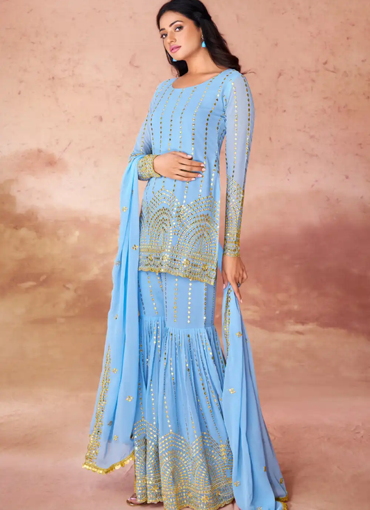 Sky Blue Georgette Sharara Suit With Embroidery Work