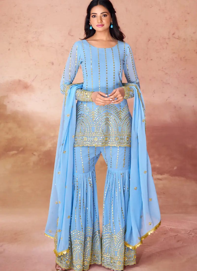 Sky Blue Georgette Sharara Suit With Embroidery Work