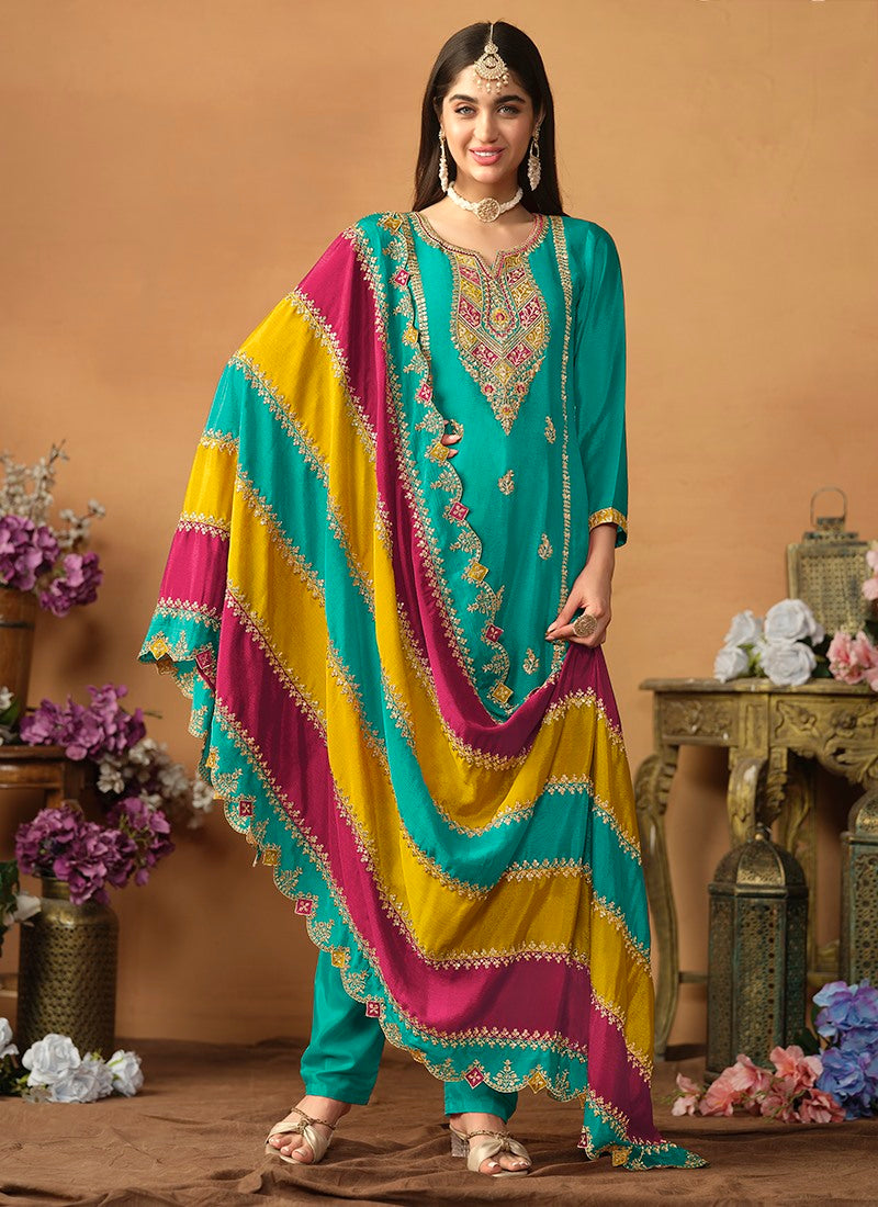 Sea Green Silk Pant Style Salwar Suit