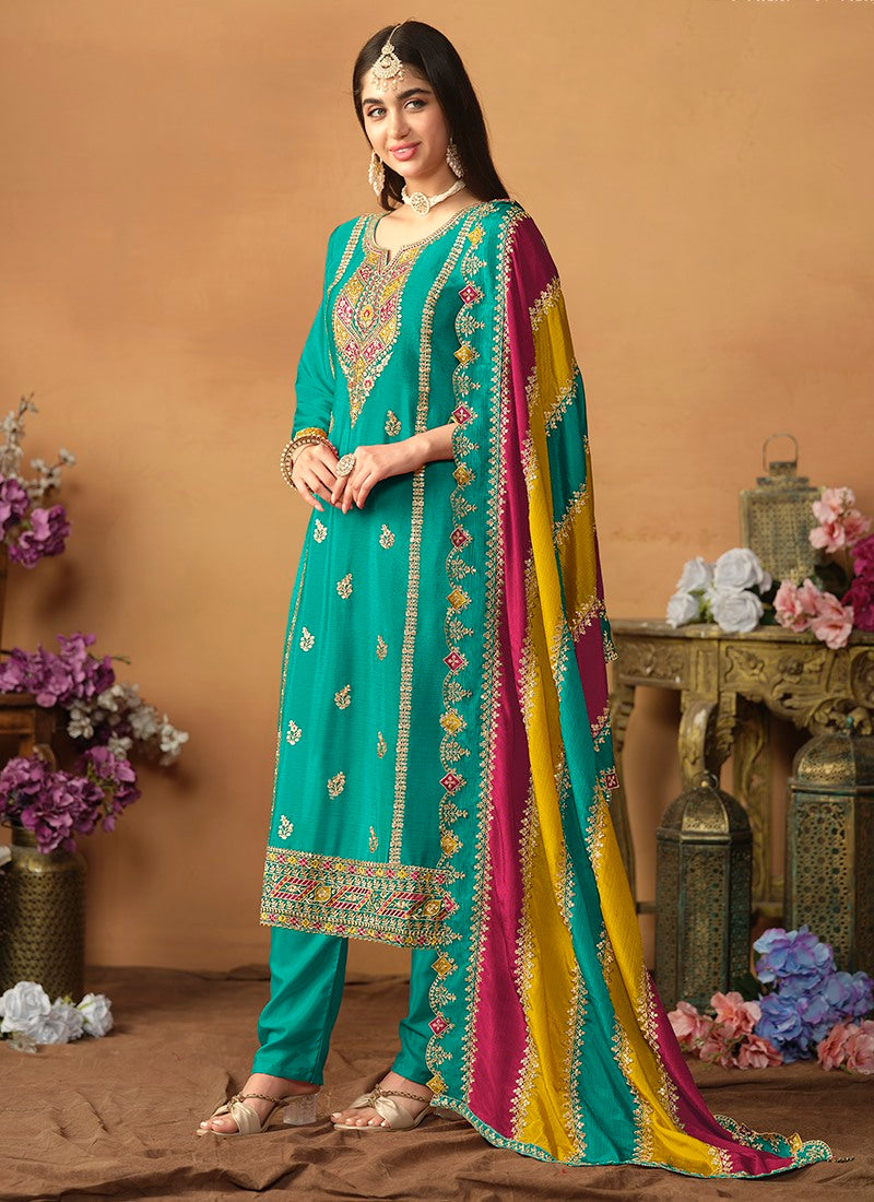 Sea Green Silk Pant Style Salwar Suit