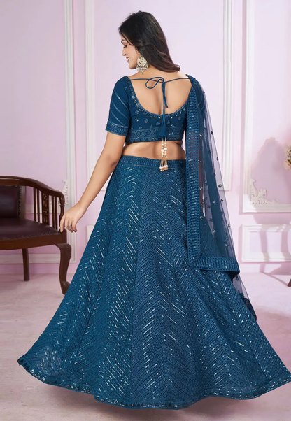 Teal Blue Designer Lehenga Choli With Embroidery, Zari Work and Sequins Work