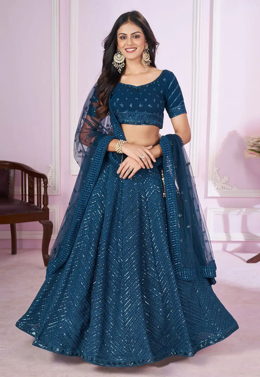 Teal Blue Designer Lehenga Choli With Embroidery, Zari Work and Sequins Work