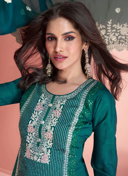 Green Silk Straight Cut Salwar Suit With Embroidery Work