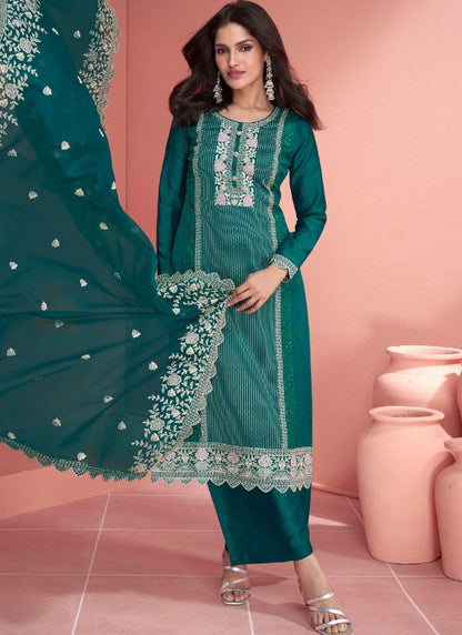 Green Silk Straight Cut Salwar Suit With Embroidery Work