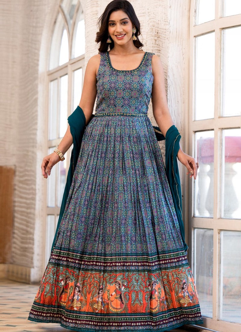 Blue Silk Anarkali Gown With Embroidery and Mirror Work