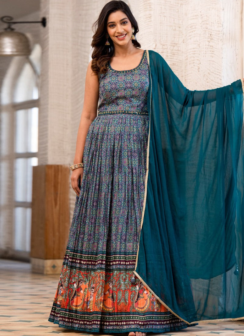 Blue Silk Anarkali Gown With Embroidery and Mirror Work