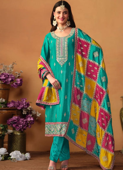 Sea Green Silk Pant Style Salwar Suit