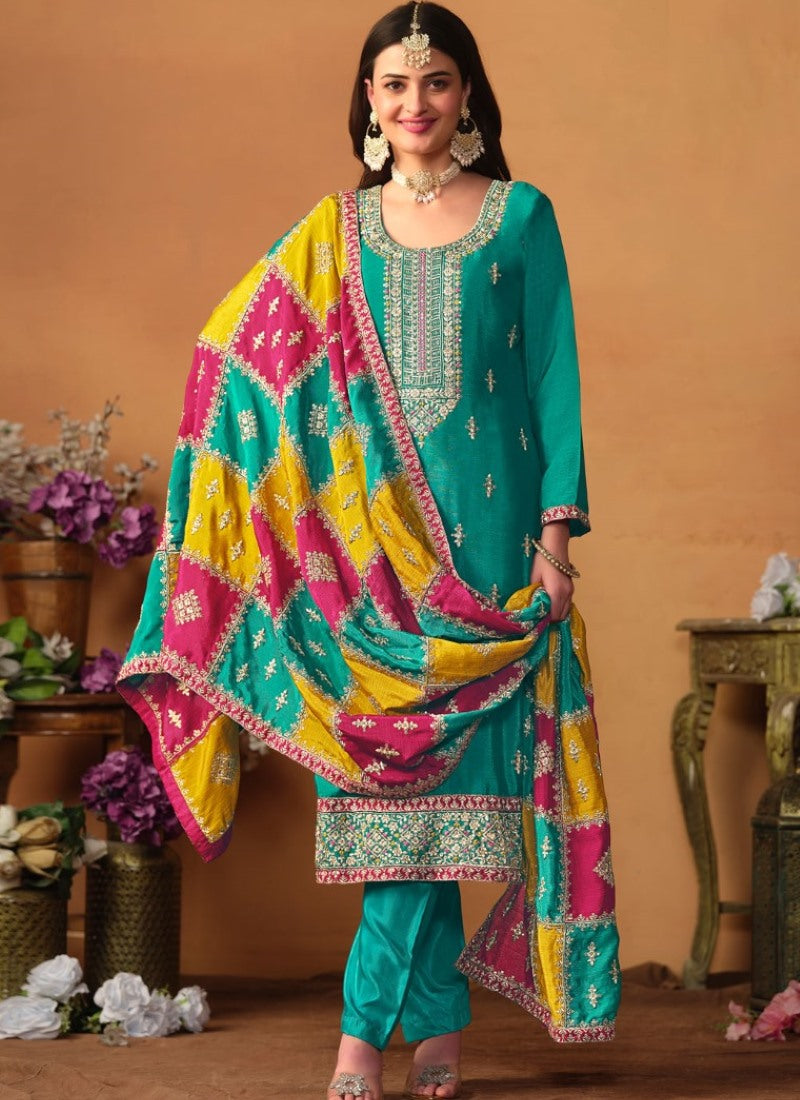 Sea Green Silk Pant Style Salwar Suit