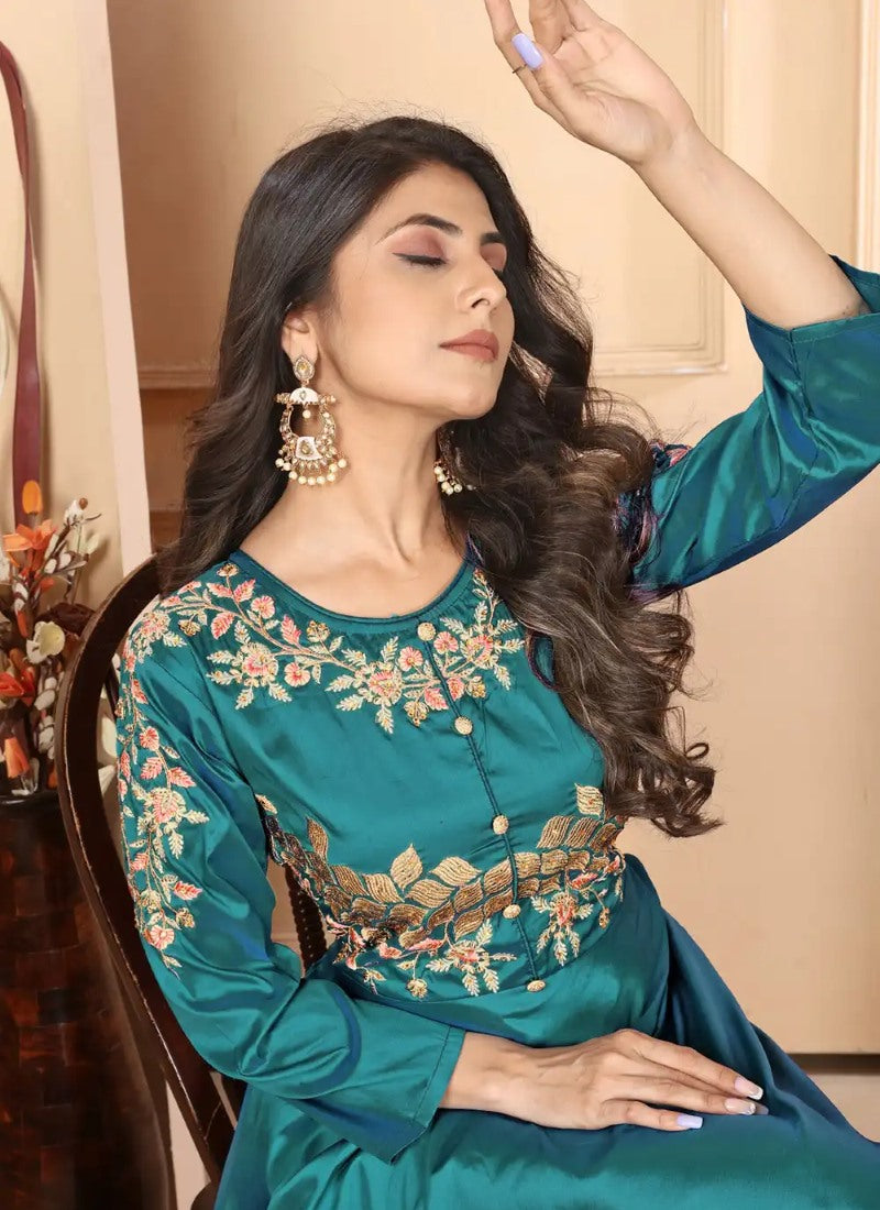 Teal Blue Silk Indo-Western Gown With Embroidery Work