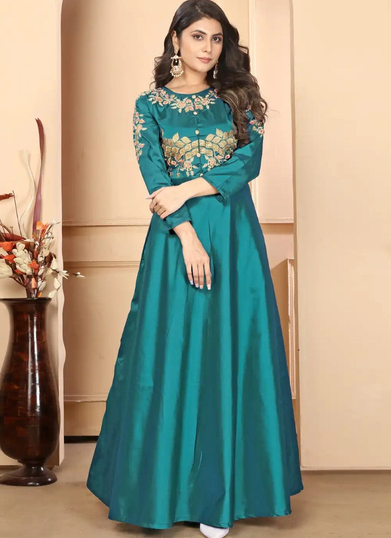 Teal Blue Silk Indo-Western Gown With Embroidery Work