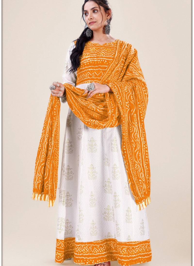 Yellow Reyon Bandhani Print Anarkali Suit