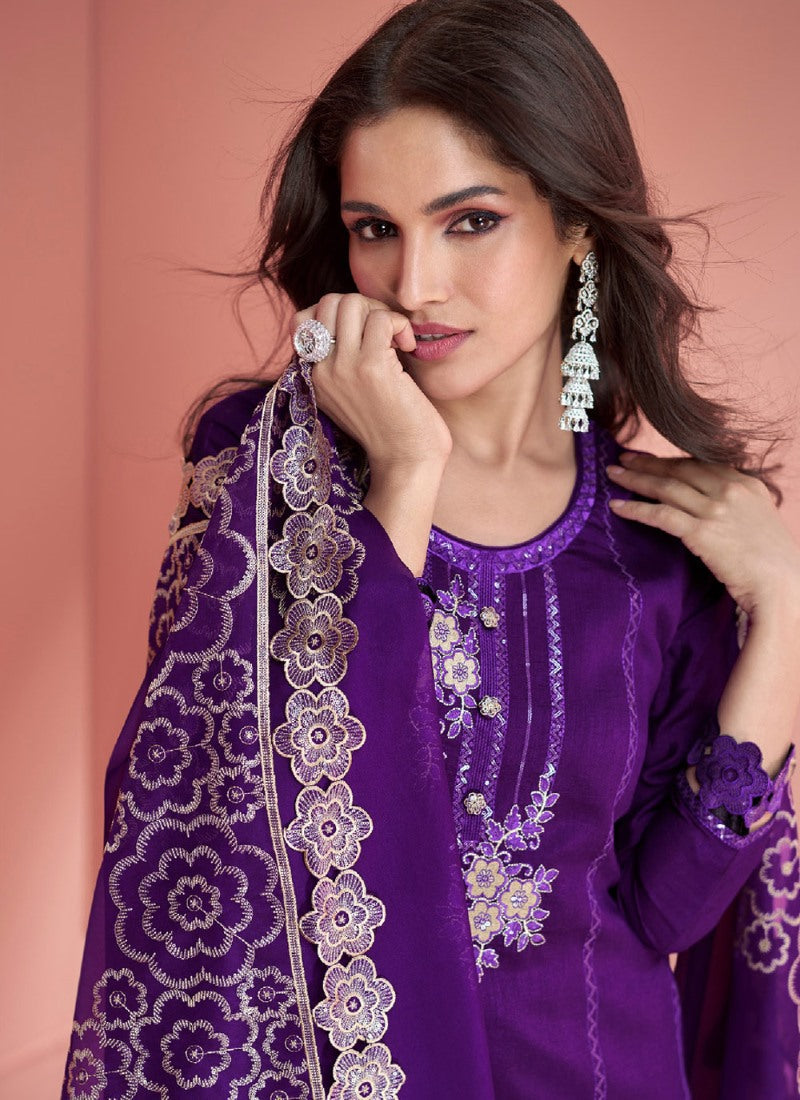 Violet Silk Straight Cut Salwar Suit With Embroidery Work