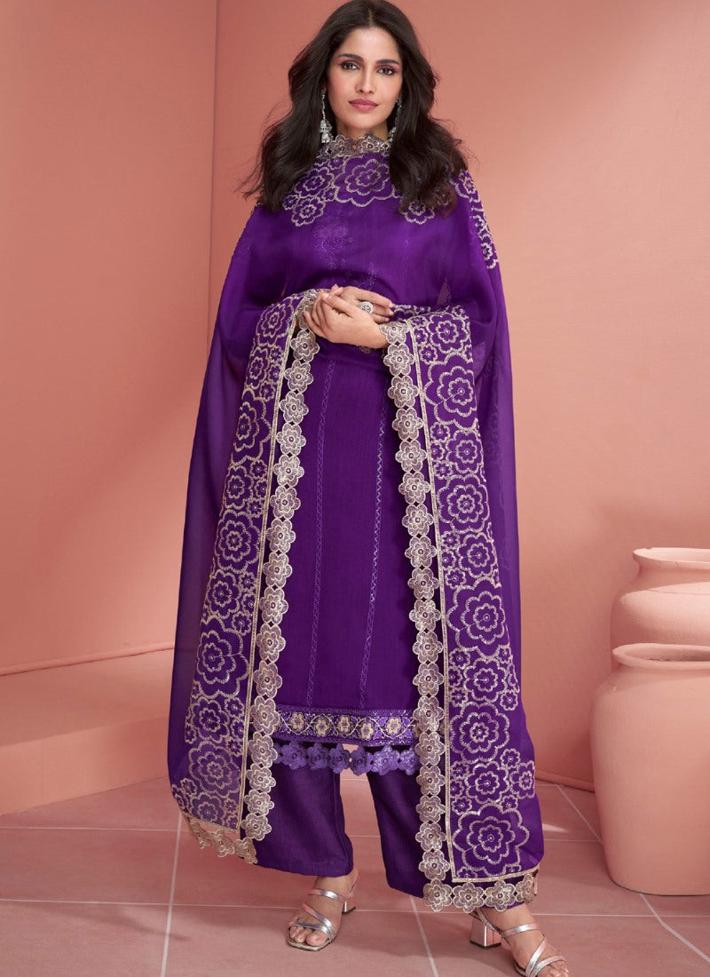 Violet Silk Straight Cut Salwar Suit With Embroidery Work